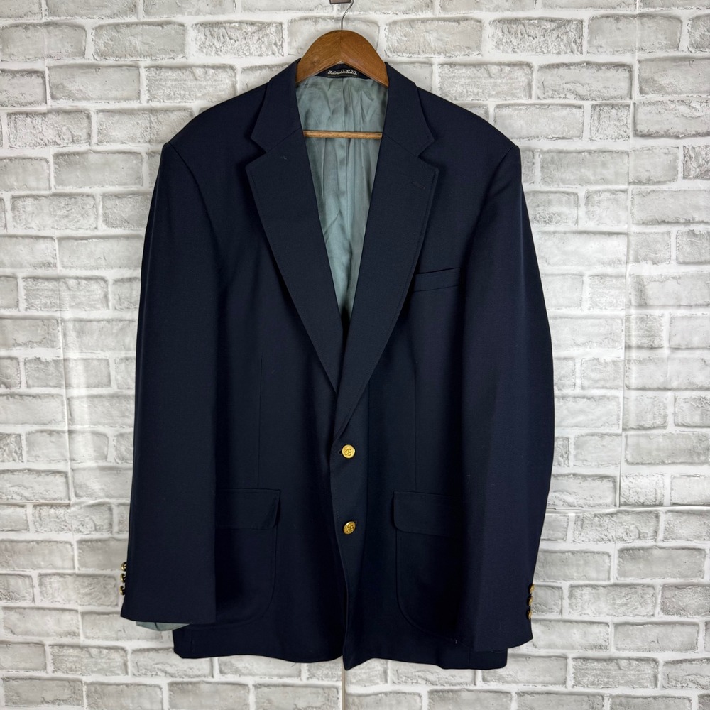 Stafford Tailored in USA Men Navy Blue Blazer Gold Crest Buttons Sport Coat 48XL